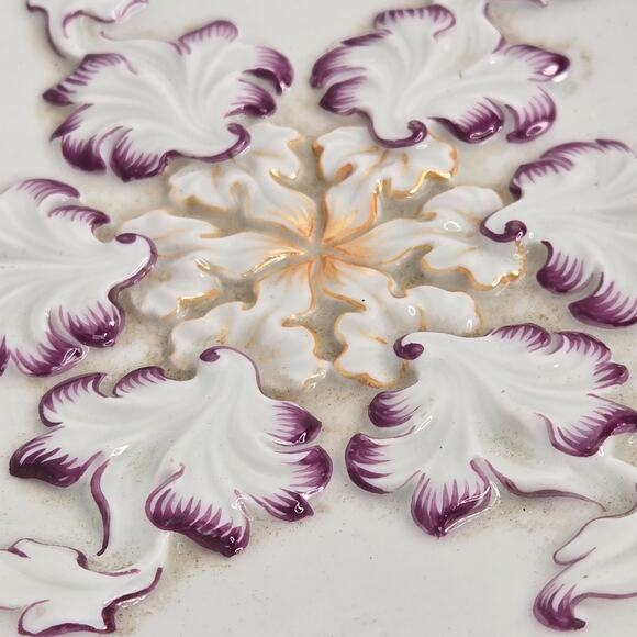 Vintage Meissen Porcelain Bowl Rococco Leaf Purple Gold Relief Luster Floral - Picture 2 of 11